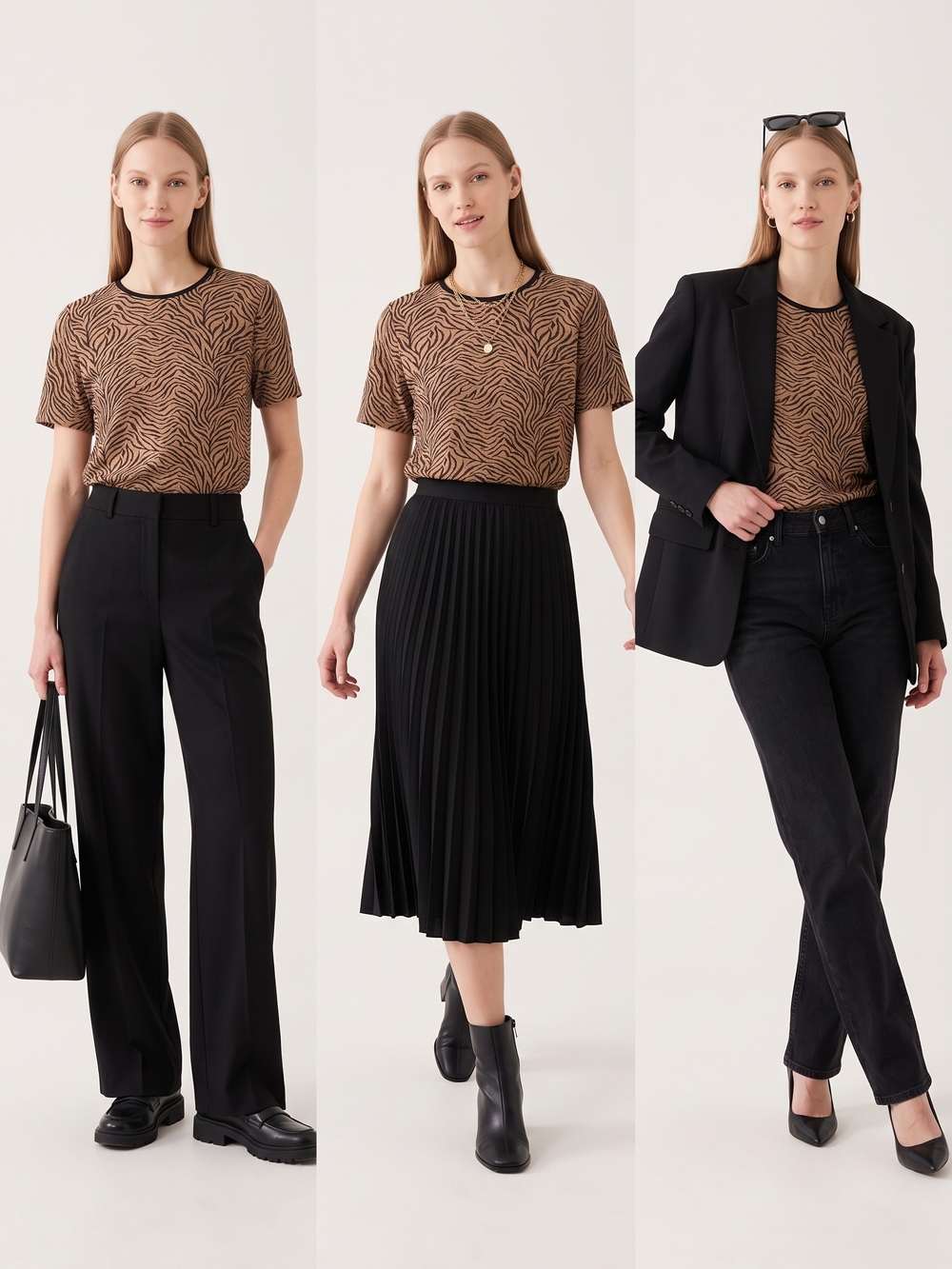 Teddi Black and Brown Zebra-Print Crewneck Tee with Studs